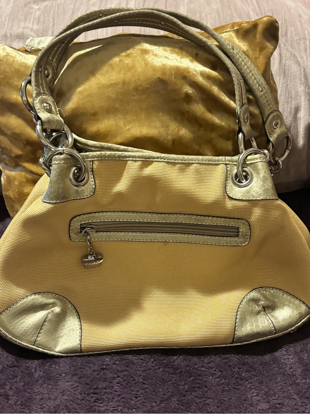 VTG Kathy Van Zeeland Gold Metallic Canvas Shoulder Bag Y2K Crown Charm Purse